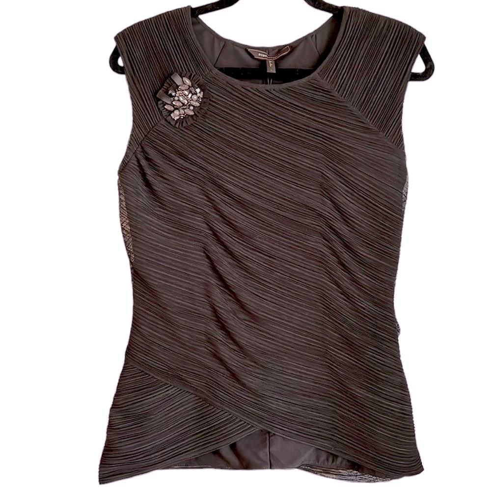 NWT! Gorgeous BCBG Max Azria Black  Sleeveless ‘Cocktail” Top with Brooch Size L